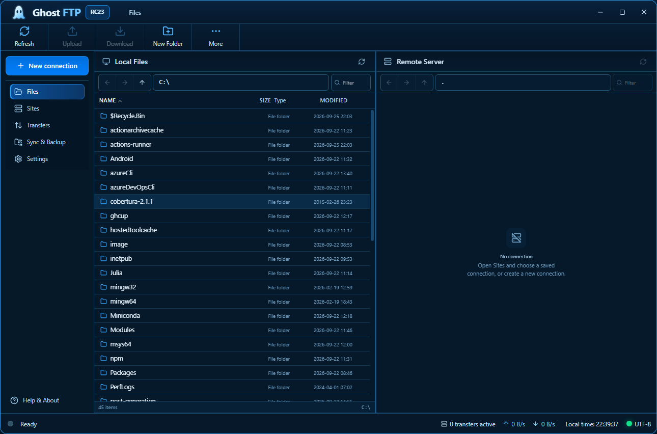 Ghost FTP file manager showing local and remote files