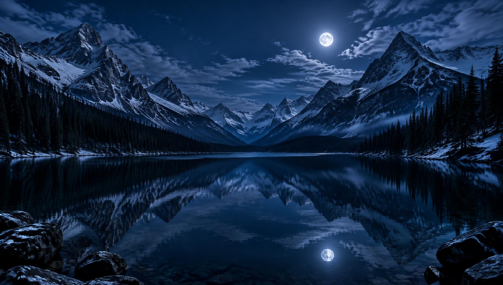 Snow-covered mountains reflected in a quiet lake at night