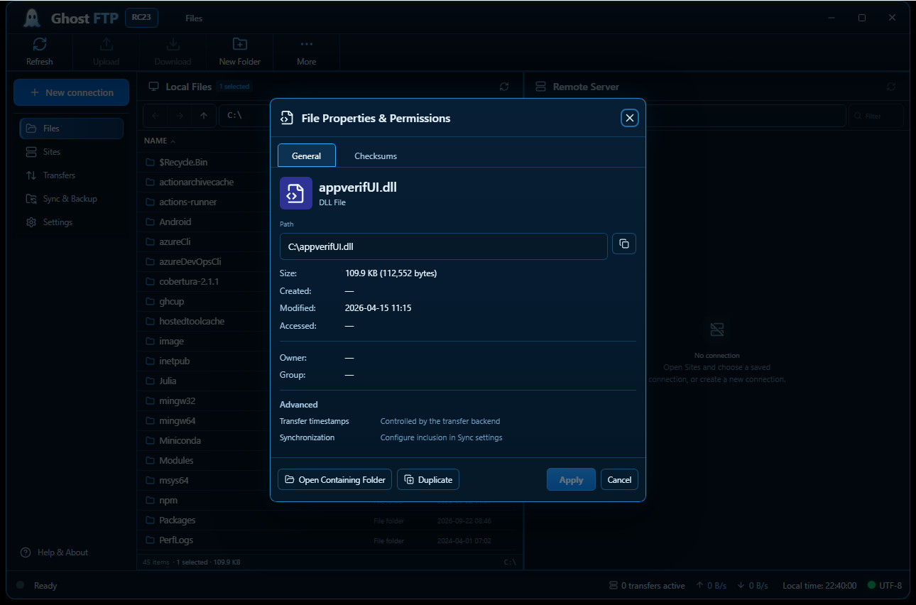 Permissions screen in Ghost FTP