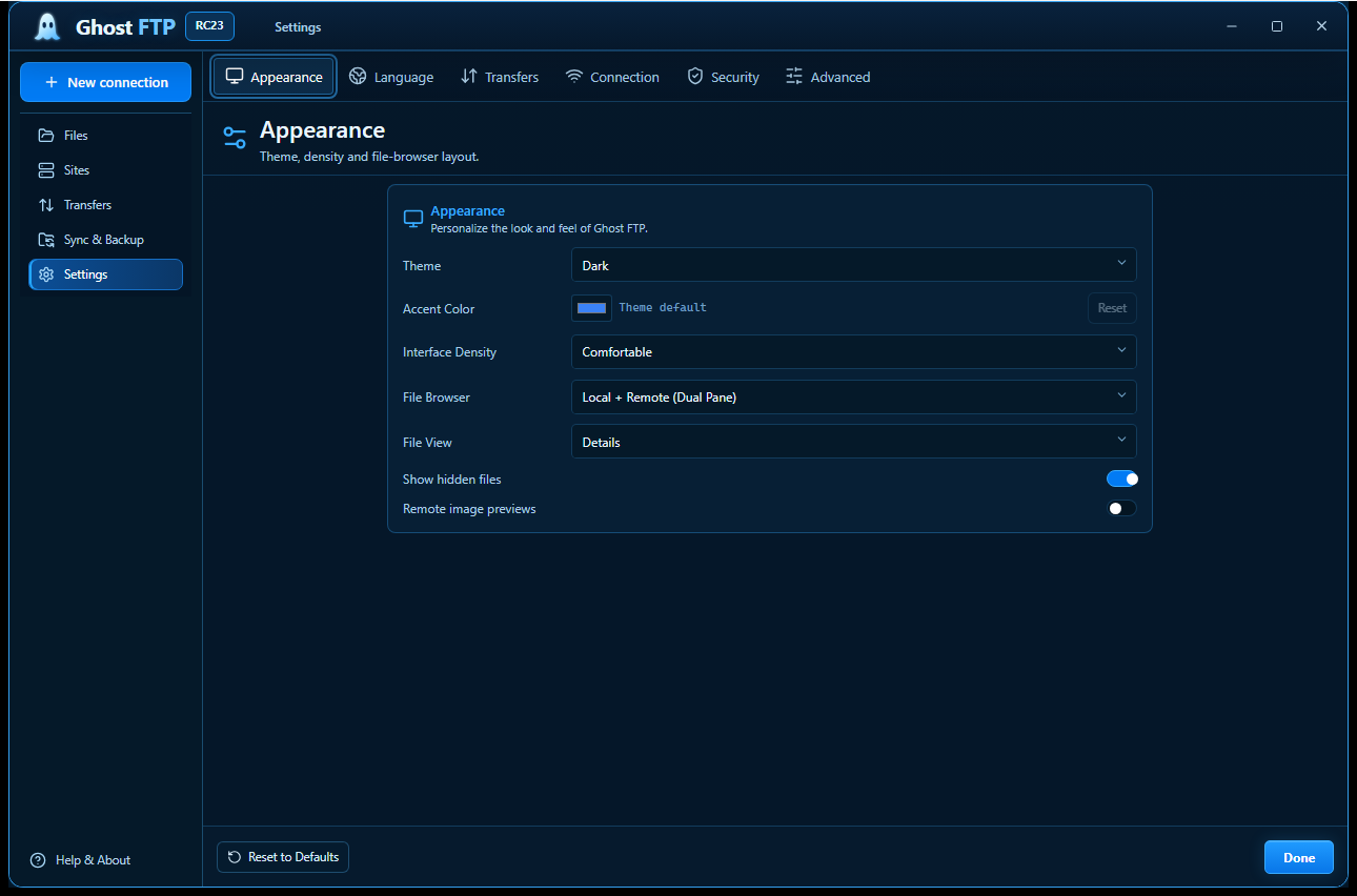Preferences screen in Ghost FTP