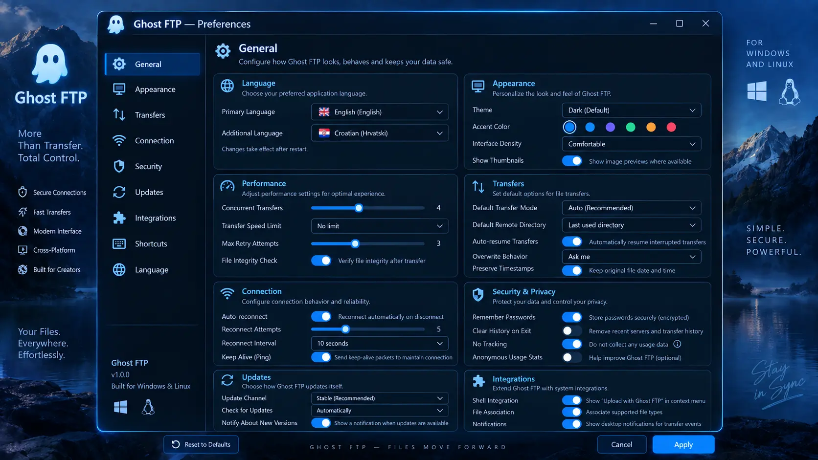 Preferences screen in the Ghost FTP application