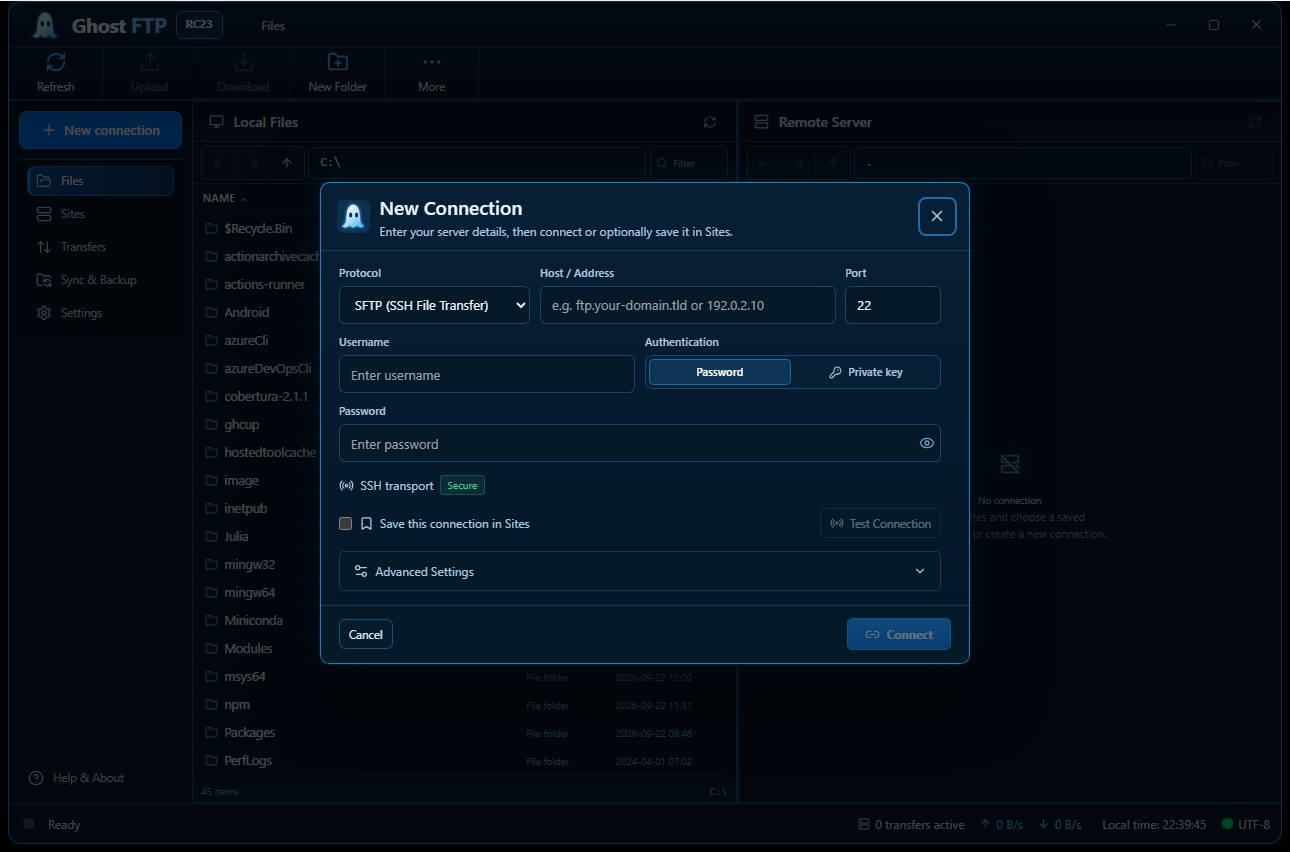 Ghost FTP secure quick connection window
