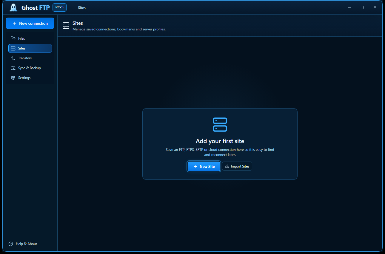 Site Manager screen in Ghost FTP