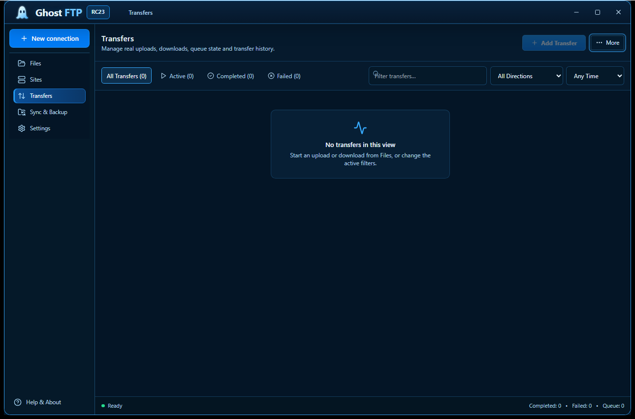 Transfer Center screen in Ghost FTP